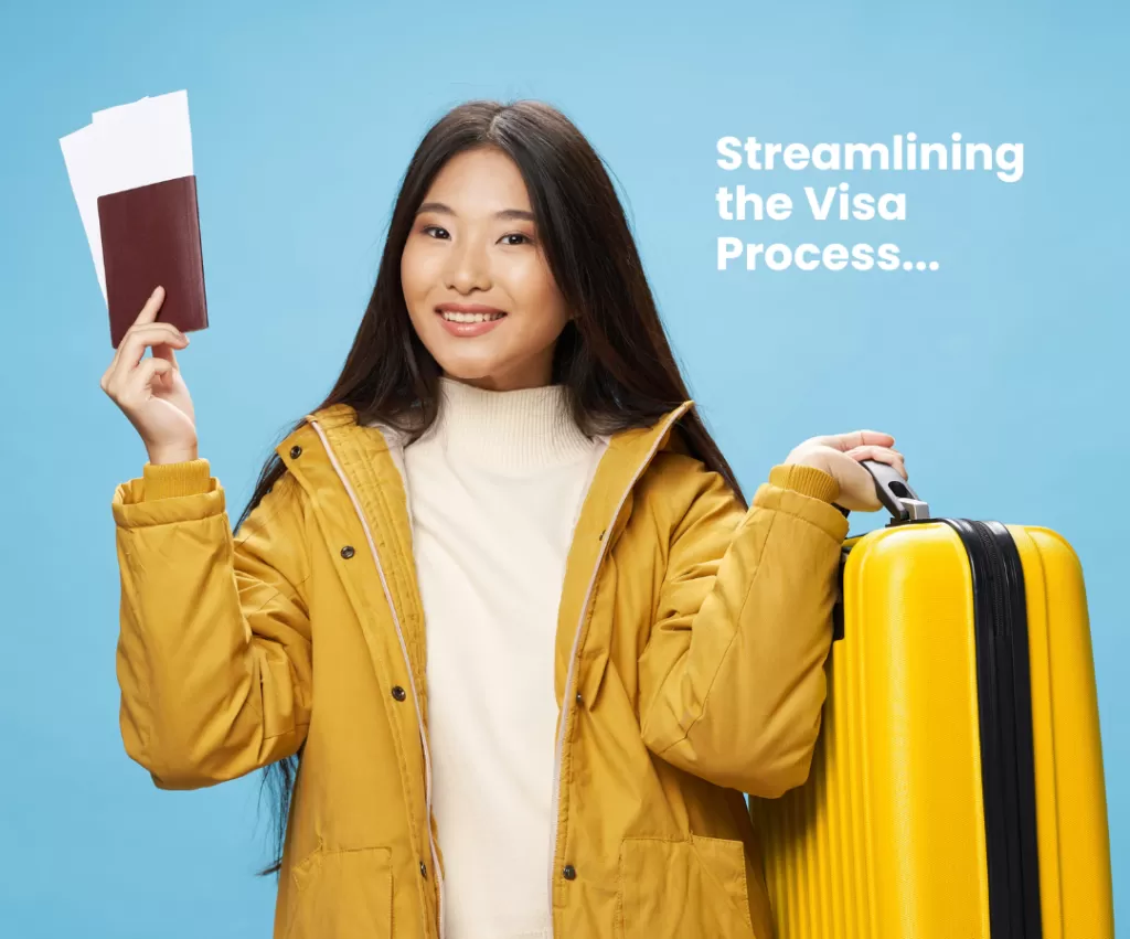 Women holding a visa for her travels and a yellow suitcase