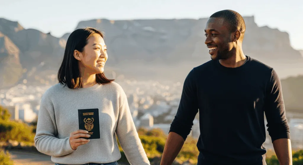 A happy couple holding hands, one with an SA passport, representing a successful spousal visa application.