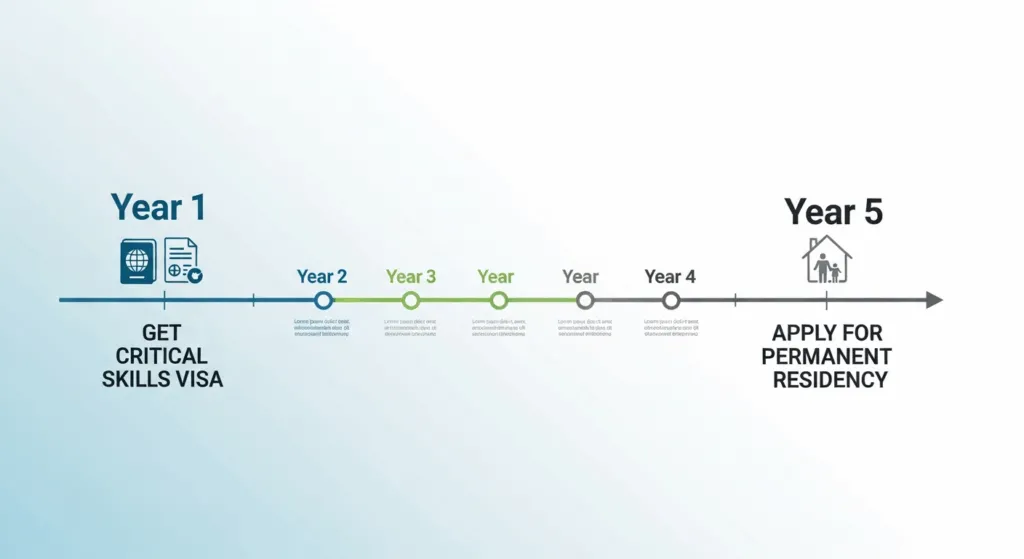 A 5-year timeline graphic showing the path from a Critical Skills Visa to Permanent Residency.
