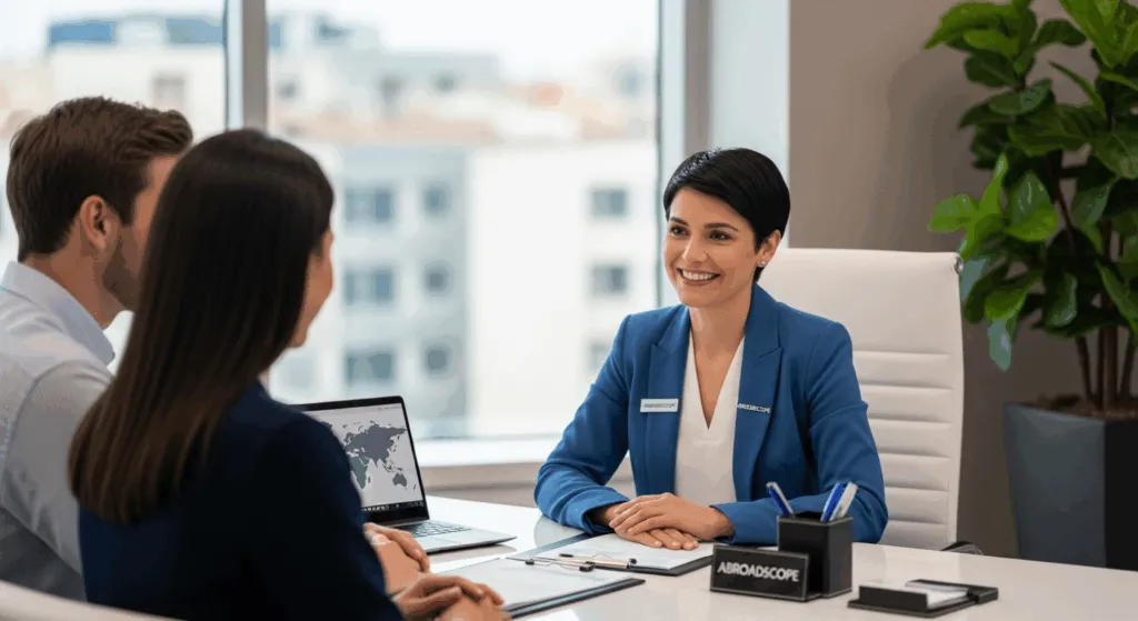 A couple in a consultation with a top South African spousal visa agent.