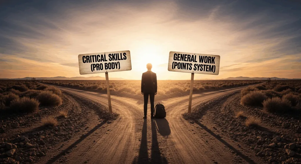 A person choosing between the Critical Skills Visa and the new Points-Based General Work Visa.