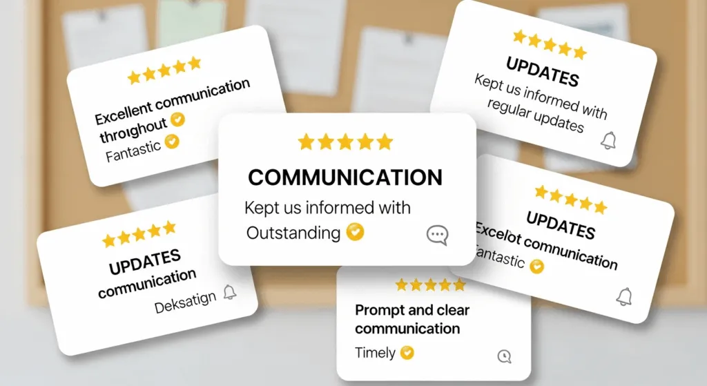 A collage of 5-star Abroadscope reviews praising their communication.