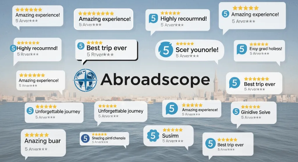 A collage of 5-star Abroadscope work permit reviews.