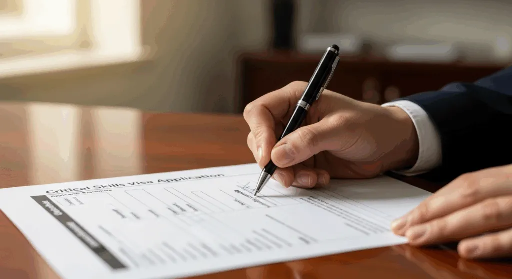 A person confidently signing an application form for a Critical Skills Visa in South Africa.