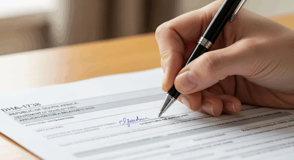 A person signing their application for a spousal visa in South Africa.
