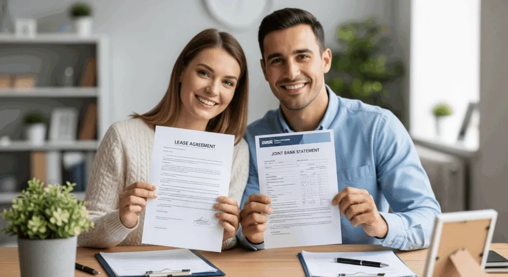 A couple holding documents to prove their relationship for a life partner visa.