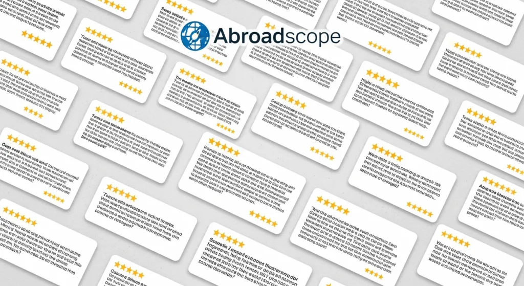A collage of 5-star Abroadscope permanent residence reviews.
