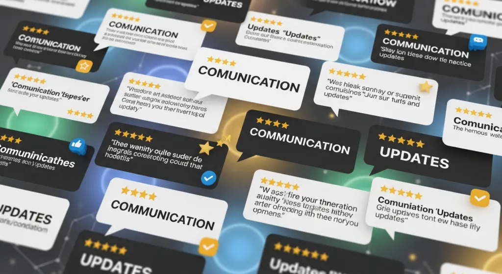A collage of 5-star Abroadscope reviews praising their communication.