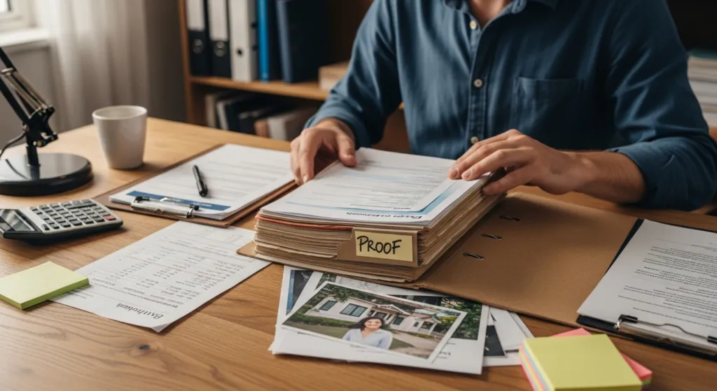 A person organizing a file of proof of cohabitation for a South African life partner visa.