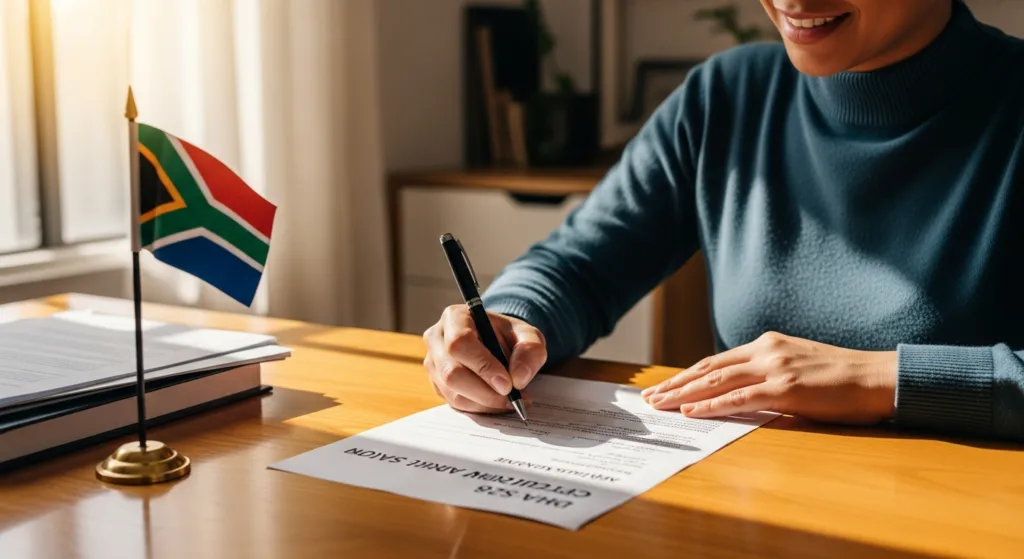 A person confidently signing their SA citizenship application, managed by an expert.