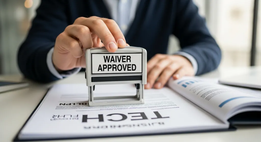 A "Waiver Approved" stamp on a business plan, showing a successful R5M waiver.