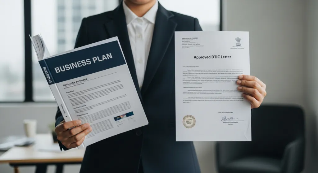 A person holding a business plan and the approved DTIC recommendation letter.