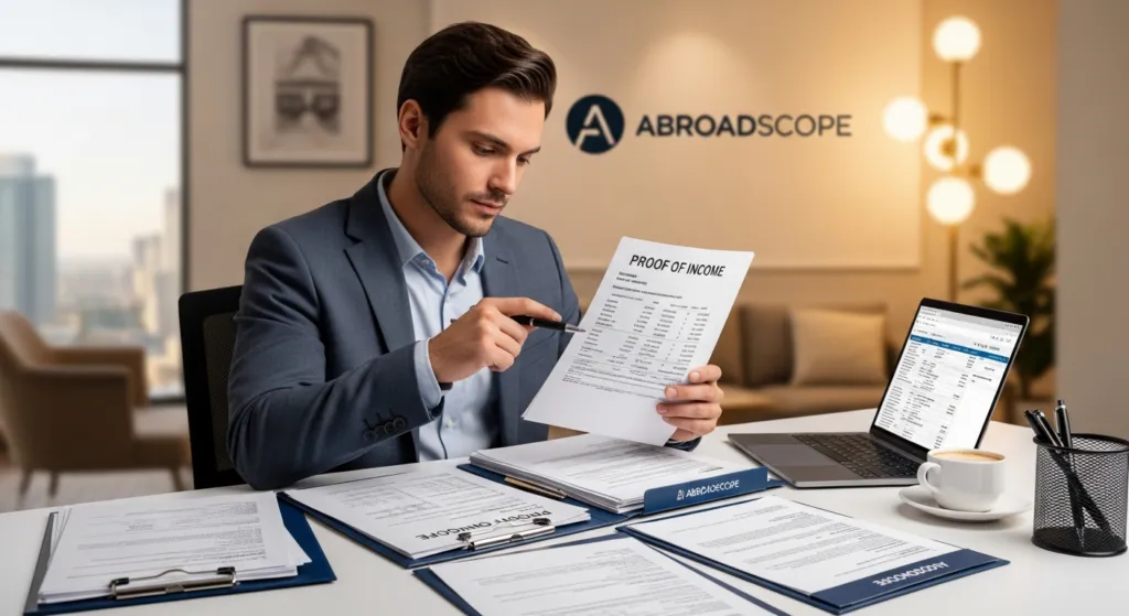 A consultant reviewing income proof for a digital nomad visa application.