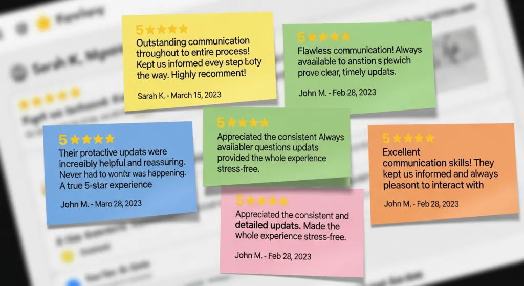 A collage of 5-star Abroadscope reviews praising their communication.