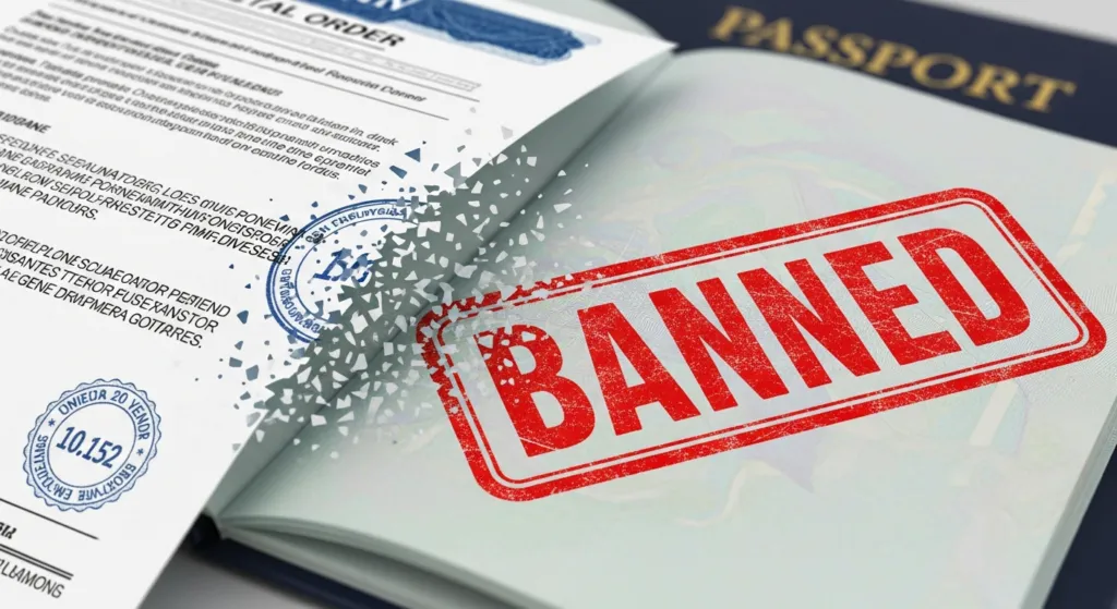 A graphic symbolizing a ban on a passport being removed by a waiver of undesirability.
