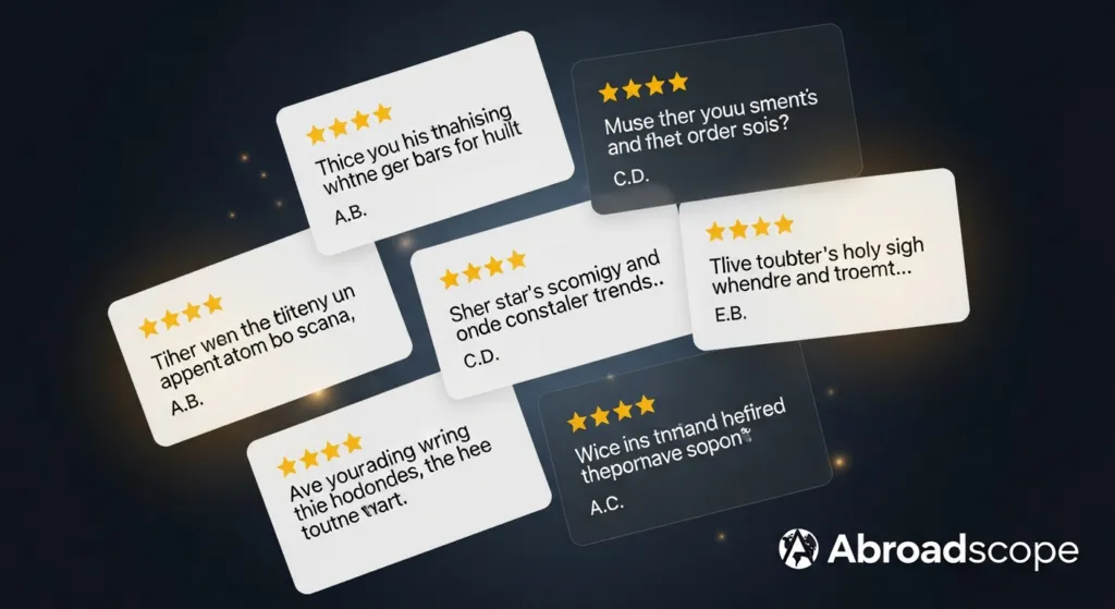 A collage of 5-star Abroadscope visa appeal reviews.