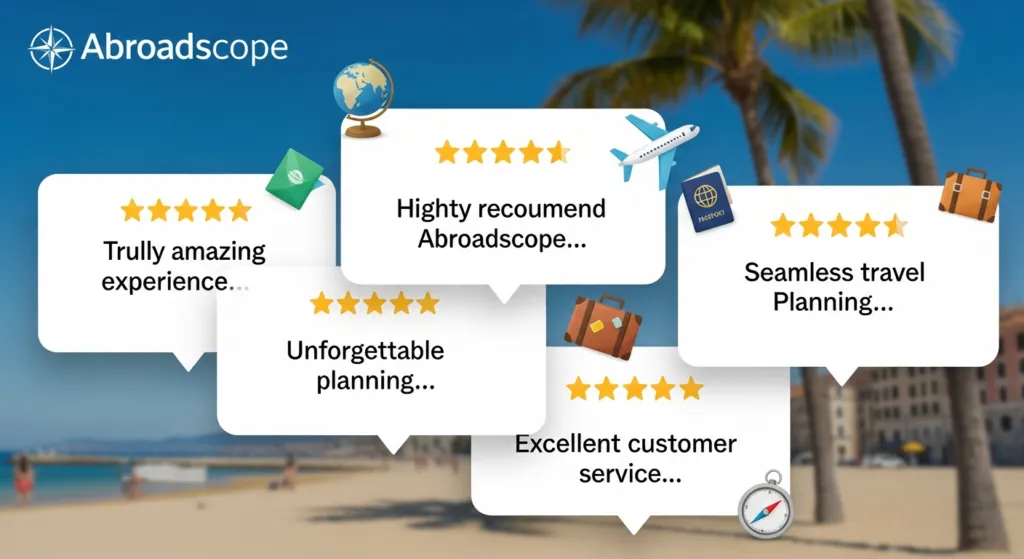 A collage of 5-star Abroadscope business visa reviews.