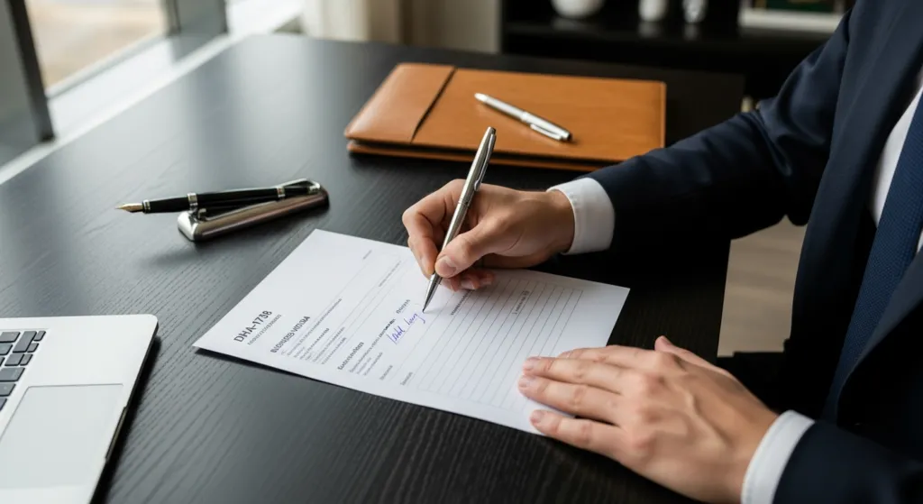 A person signing their application for a business visa in SouthF Africa.