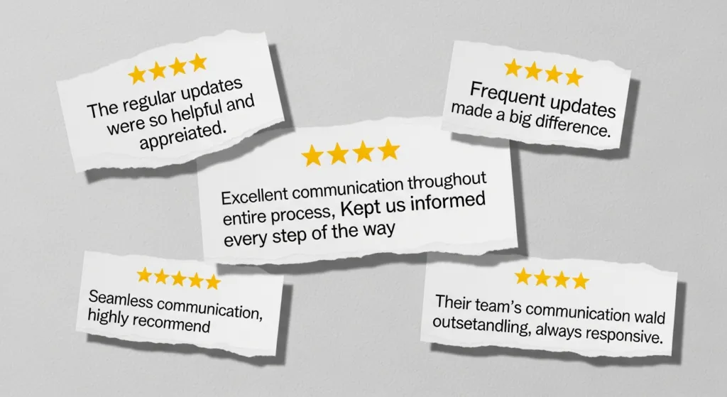 A collage of 5-star Abroadscope reviews praising their communication.