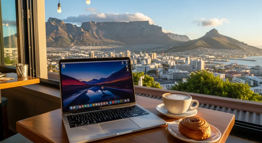 A laptop at a cafe with a stunning view of Cape Town, representing the digital nomad lifestyle in South Africa.