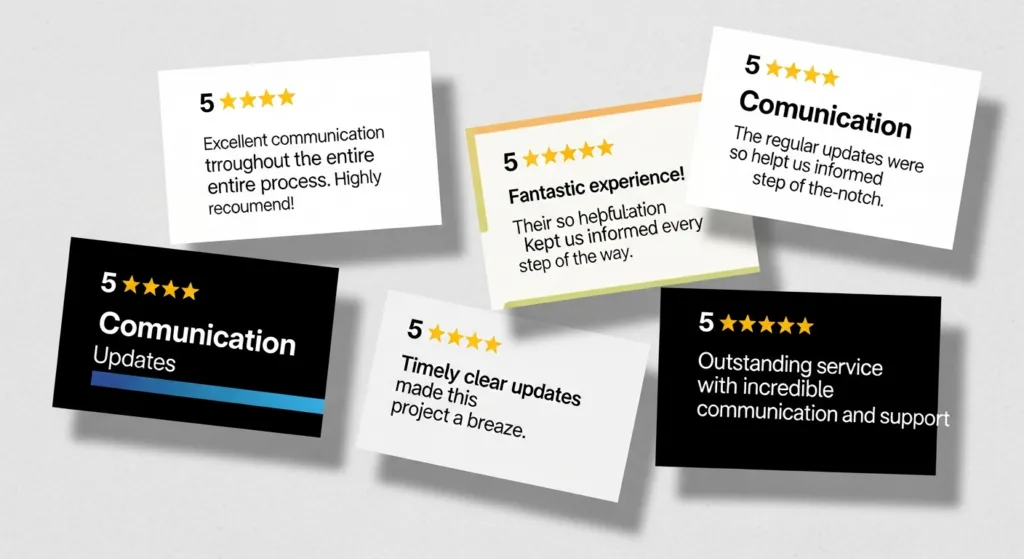 A collage of 5-star Abroadscope reviews praising their communication.
