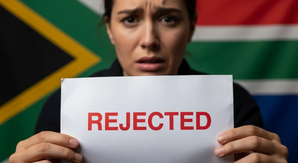 A person holding a South African visa rejection letter, looking stressed.