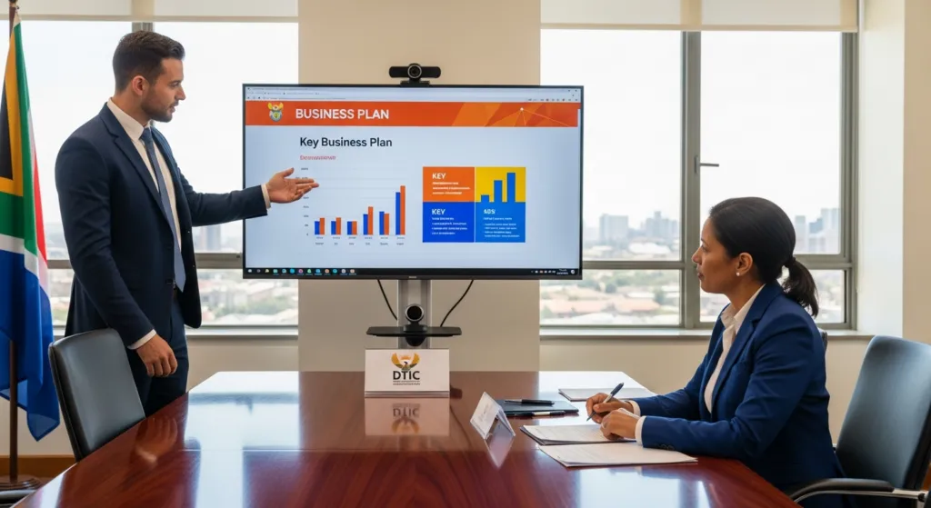 An entrepreneur presenting a business plan to get a DTIC recommendation for a South African business visa.