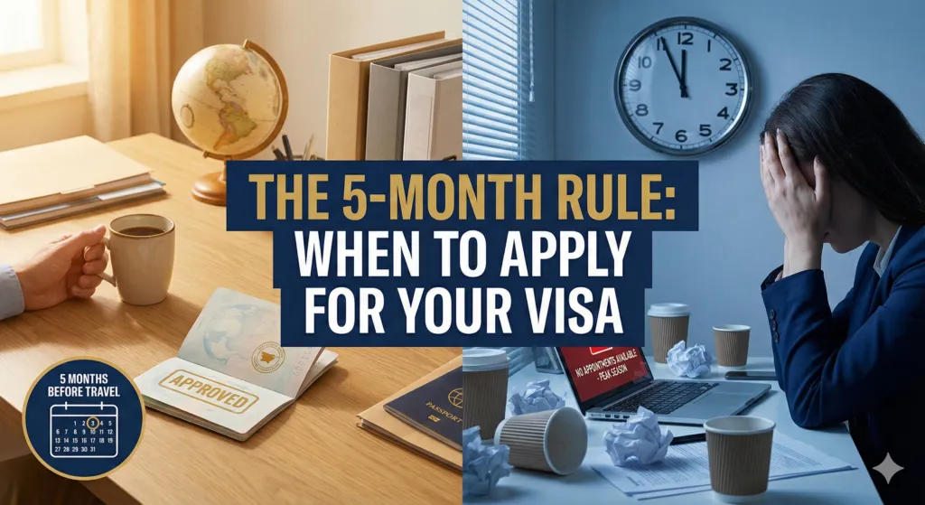 A split-screen photograph comparing visa application scenarios with a central text overlay that reads, "THE 5-MONTH RULE: WHEN TO APPLY FOR YOUR VISA". The left side, representing applying early, shows a calm, organized sunlit desk with a hand holding coffee next to a passport stamped "APPROVED" and a calendar icon marked "5 MONTHS BEFORE TRAVEL." The right side, representing applying late, shows a stressed person with their head in their hands at a chaotic, dark desk next to a laptop displaying a red error message: "NO APPOINTMENTS AVAILABLE - PEAK SEASON.